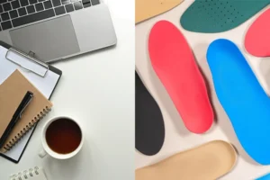 Geteiltes Bild. Im linken Bereich ein Bürotisch mit Laptop, Notizzettel und Kaffee. Auf der rechten Seite Schuh Einlagen