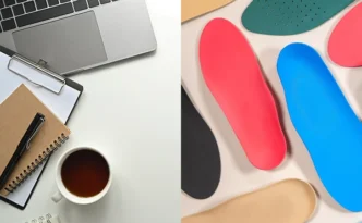 Geteiltes Bild. Im linken Bereich ein Bürotisch mit Laptop, Notizzettel und Kaffee. Auf der rechten Seite Schuh Einlagen